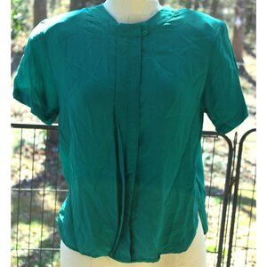 VTG 1990s Michelle Stuart Silk Shirt Women Petit Small Green Fold Tuck Casual